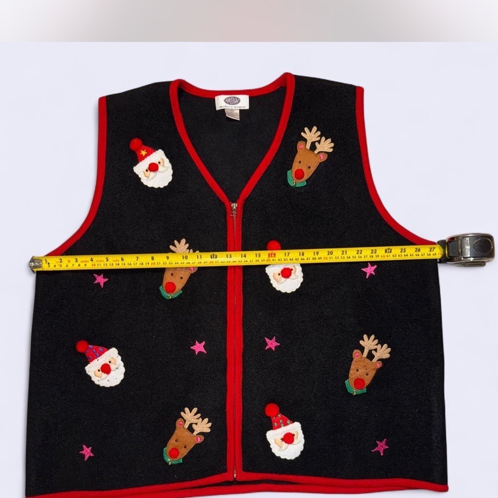 Holiday Black Vest with Red Trim and Festive Motifs - Picture 2 of 5